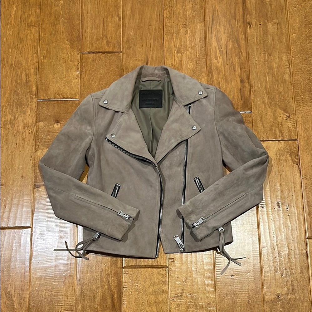 AllSaints Taupe Suede Leather Biker Jacket